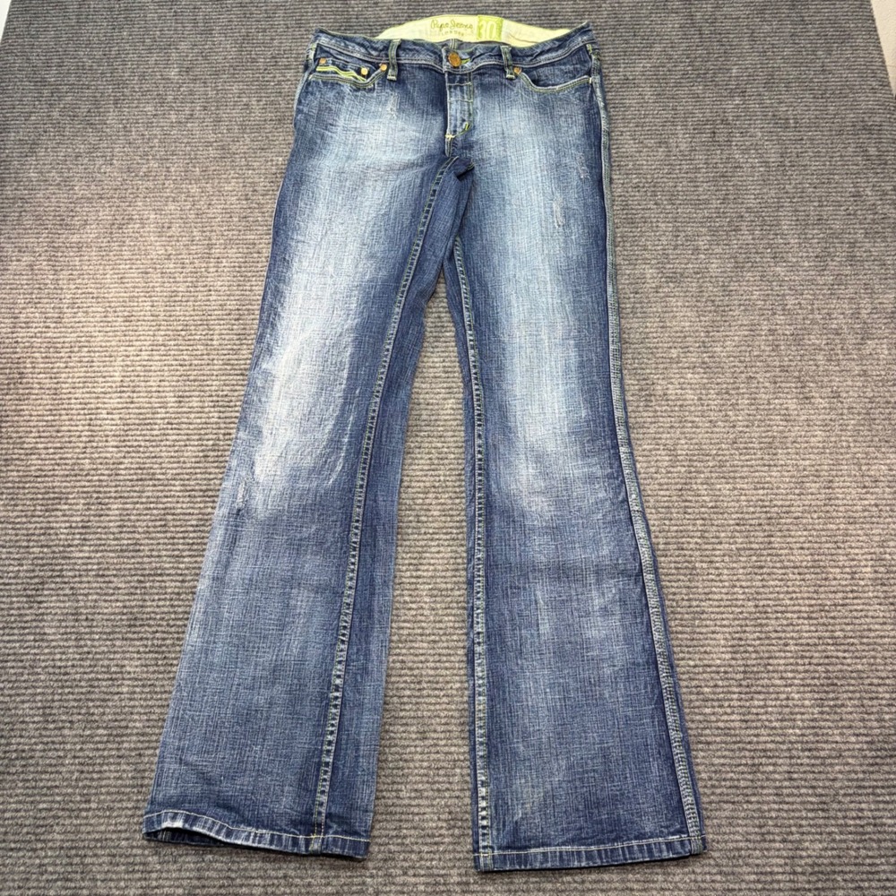 Pepe Jeans London Women 30 Medium Wash Low Rise Bootcut Jeans Lime Green Stitch